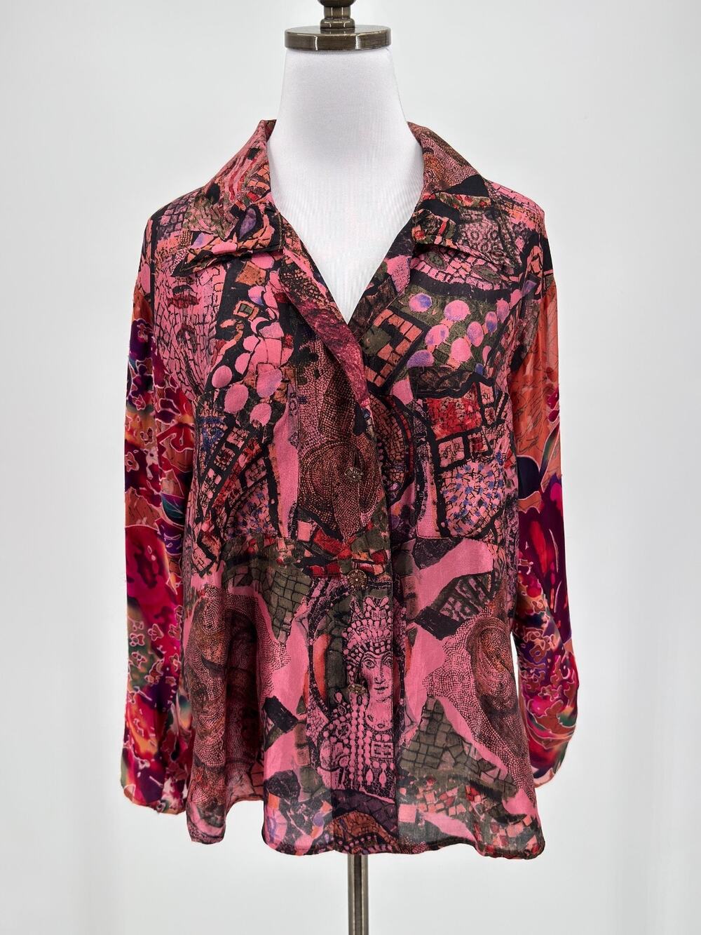 Vintage URU Vibrant Pink Black Mixed Media Artsy Long Sleeve Blouse Top